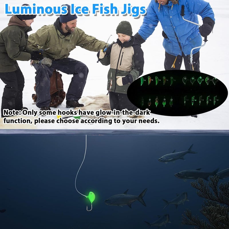 FishTrip Ice Fishing Jigs Kit, 30/60Pcs Glow Ice Fishing Lure Set for Winter Ice Jigging Crappie Sunfish Perch Panfish Walleye Pike Jigs, Ice Fishing Gear with Storage Box - Image 5